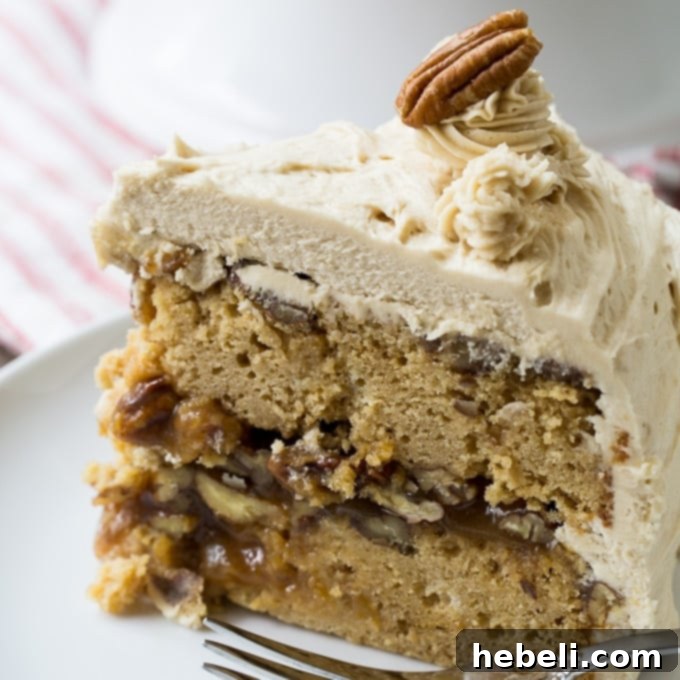 The Pecan Pie Universe 16 An impressive Pecan Pie Layer Cake, featuring multiple layers of cake and pecan pie filling, topped with icing.