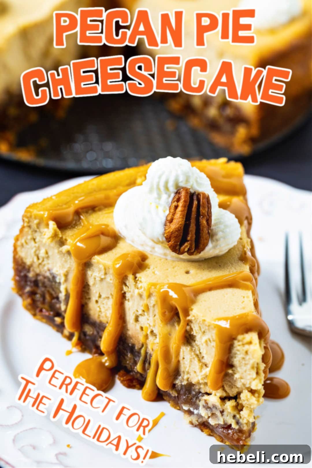 The Pecan Pie Universe 4 A rich slice of Pecan Pie Cheesecake, topped with gooey pecans, on a white plate.