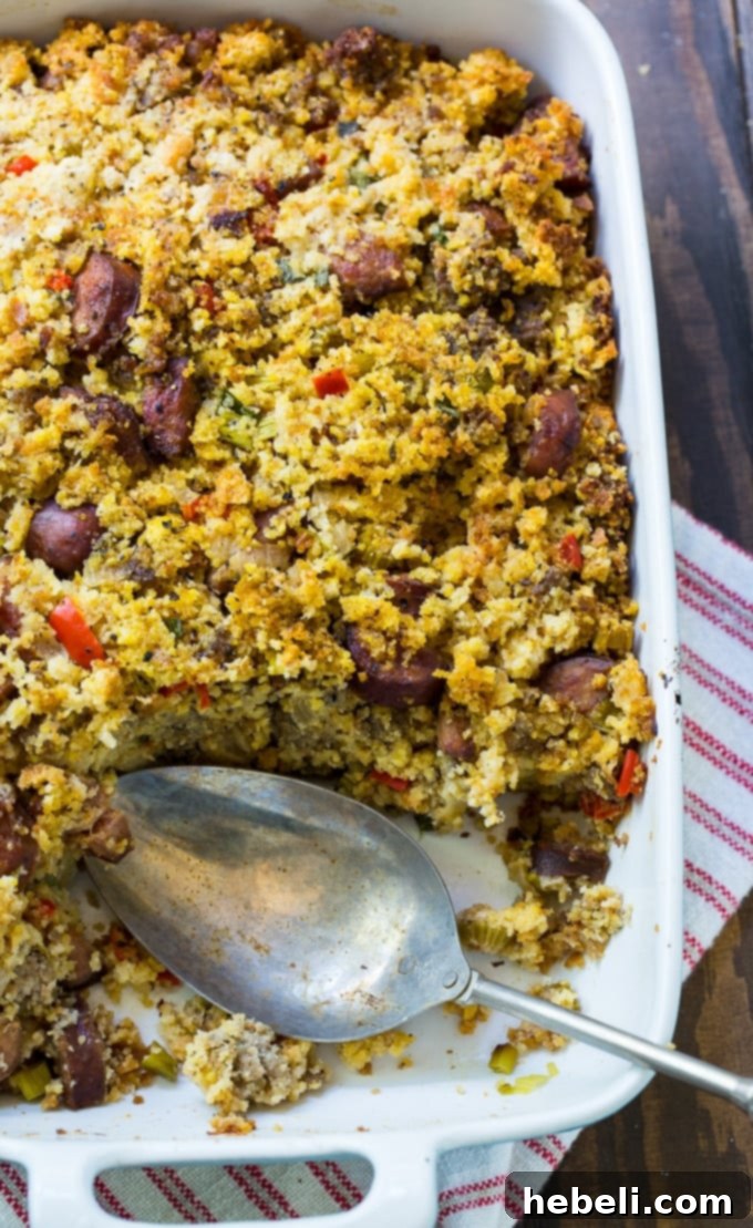 Andouille Sausage and Cornbread Stuffing is spicy and full of 2 kinds of sausage.