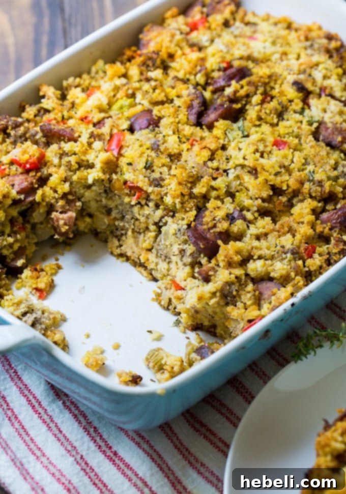 Spicy Andouille Sausage and Cornbread Stuffing ready for the holiday table