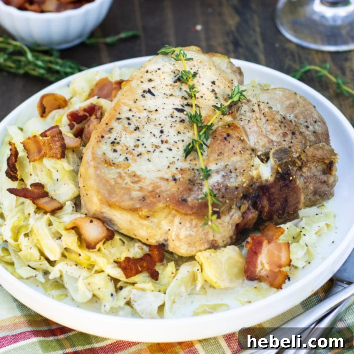 Perfectly cooked pork chops served over creamy cabbage and apples, garnished with fresh herbs, on a rustic plate.