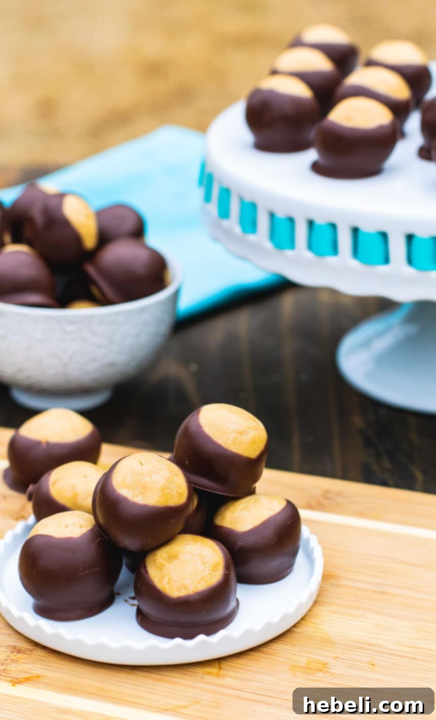 Arrangement of Buckeye Candy on a plate, bowl, and cake stand.