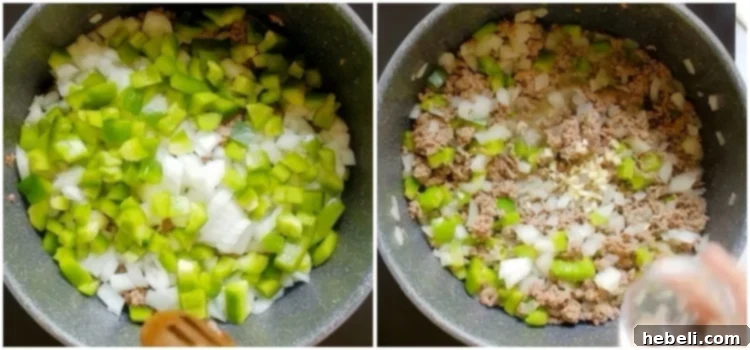 Cooking the onions, peppers, and garlic