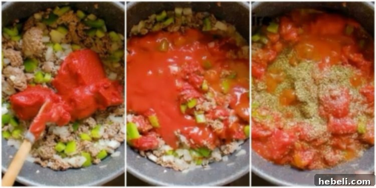 Adding the remaining ingredients to the spaghetti sauce