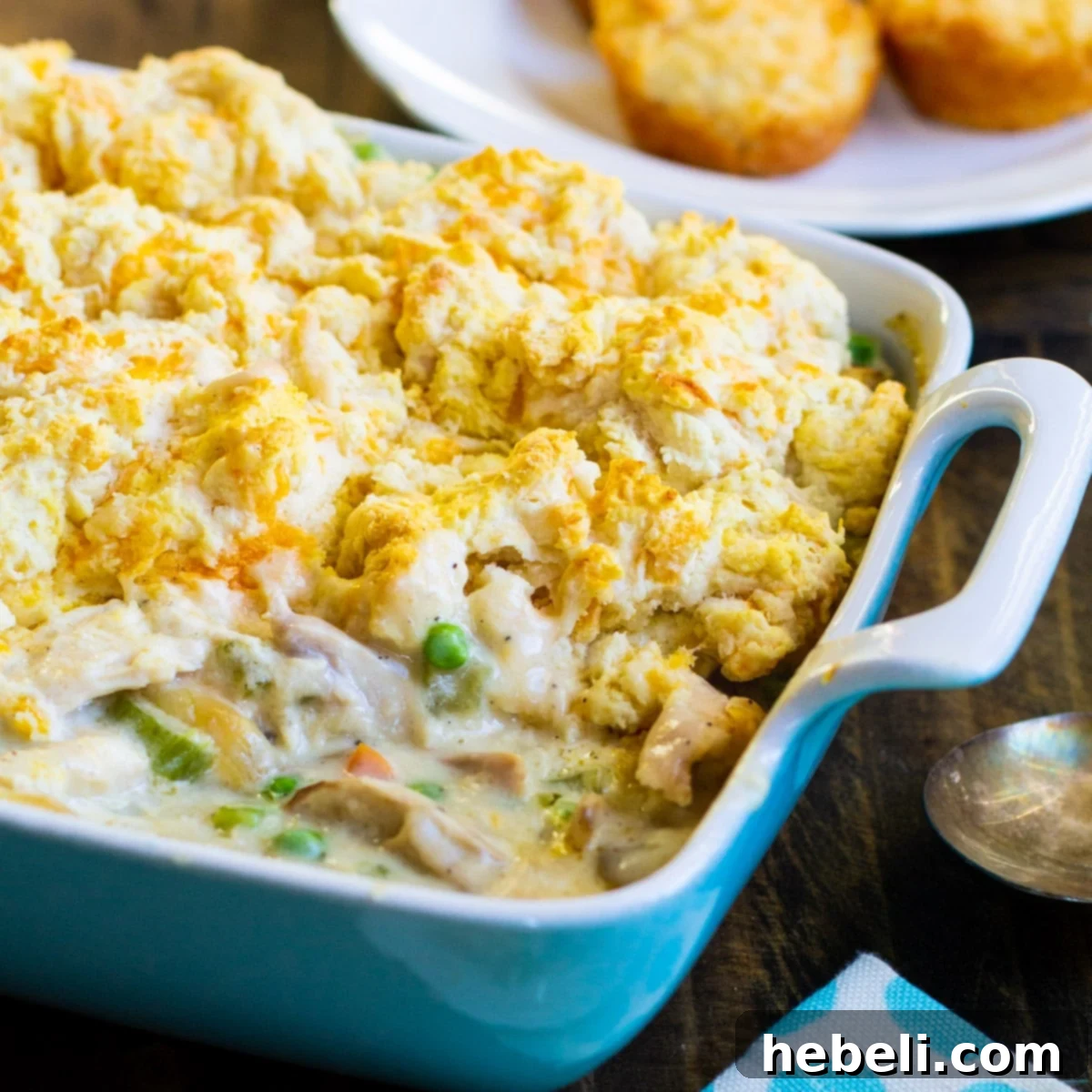 Delicious Chicken Cobbler in a baking dish, ready to be served.