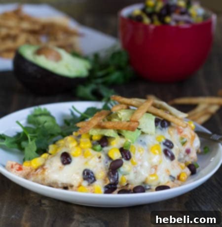 Santa Fe Chicken served on a plate with fresh avocado and homemade tortilla strips