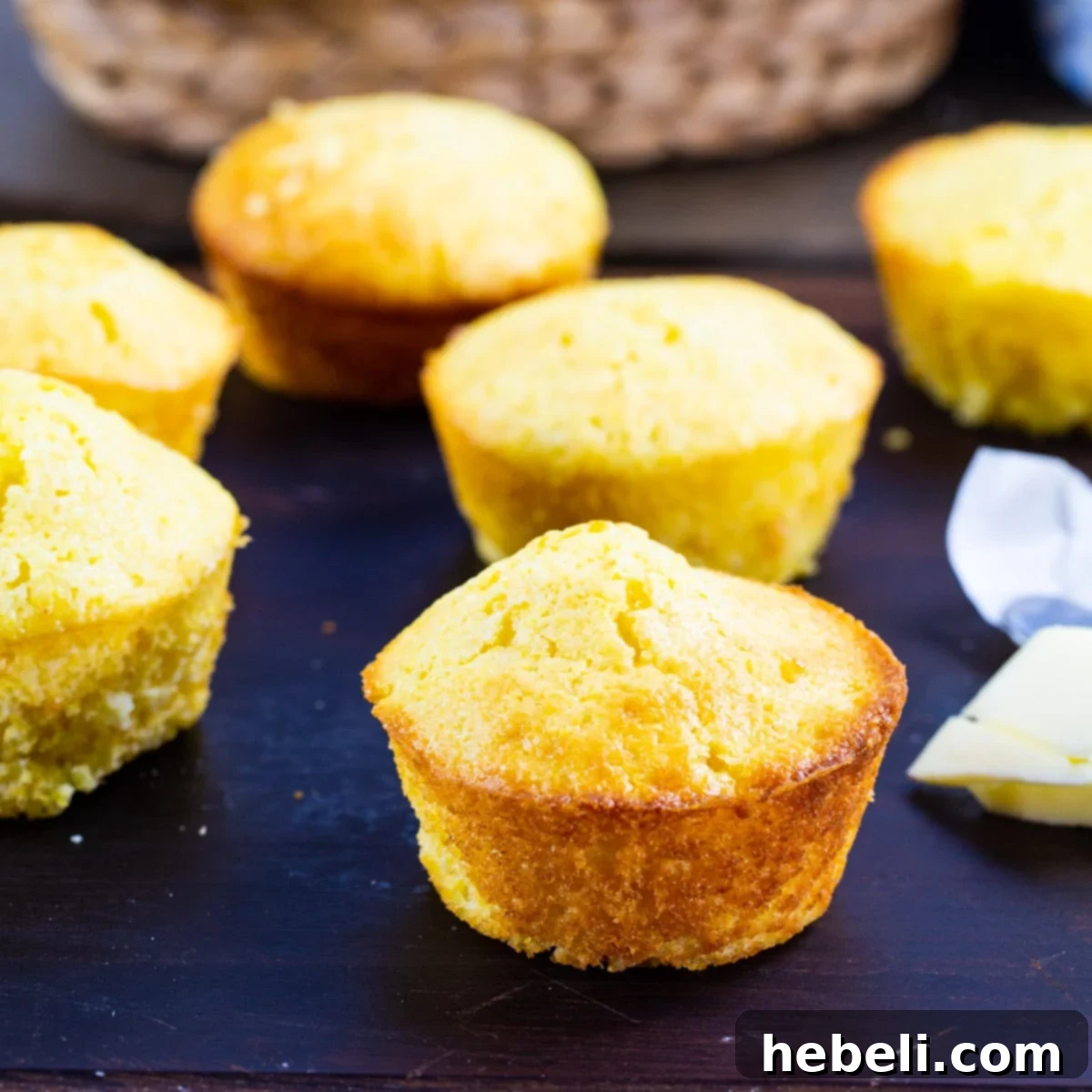 Golden Boston Market Sweet Cornbread 2 Golden Boston Market Style Cornbread muffins arranged on a rustic wooden board, ready to be enjoyed.