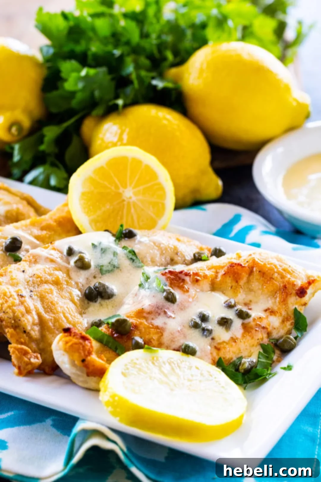 Zesty Lemon Butter Chicken 4 Chicken topped with a vibrant lemon-caper sauce, garnished with fresh herbs, on a platter ready to be served to guests.