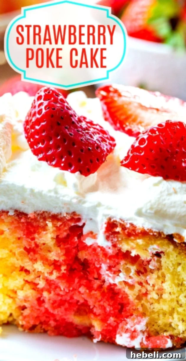 A final close-up of Easy Strawberry Poke Cake with fresh whipped cream and berries