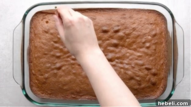 A baked cake with many holes poked into its surface