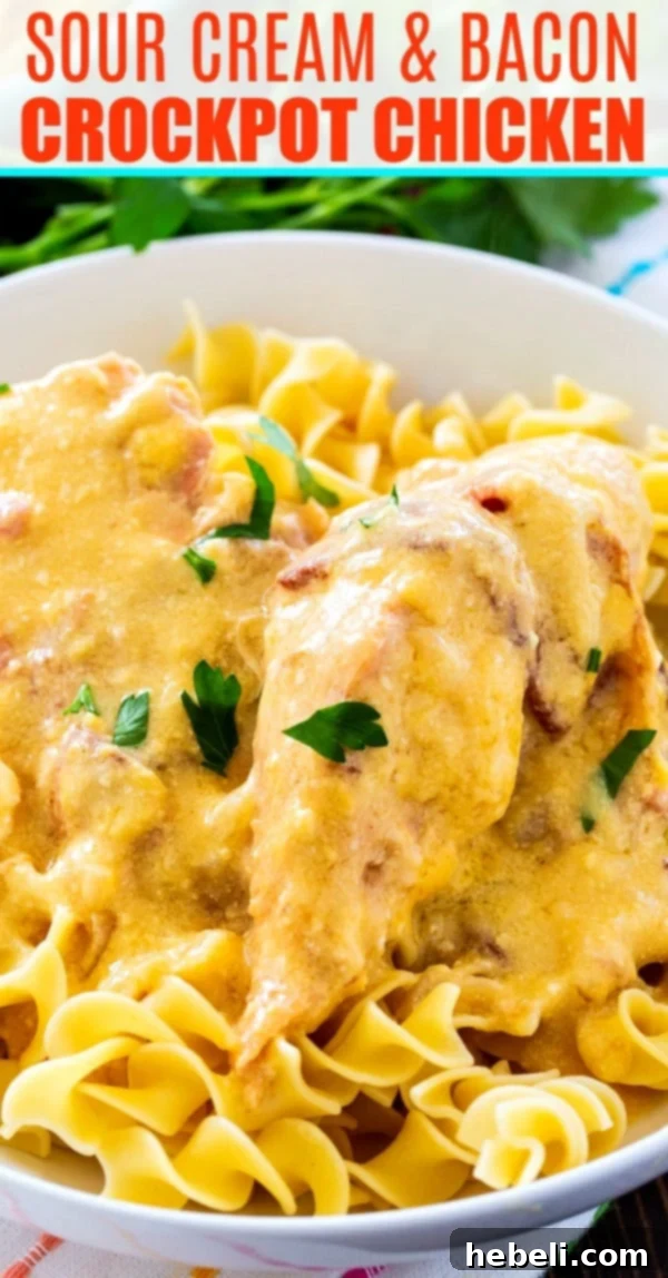 Close-up of Sour Cream and Bacon Crockpot Chicken, showing the creamy texture and bacon bits.
