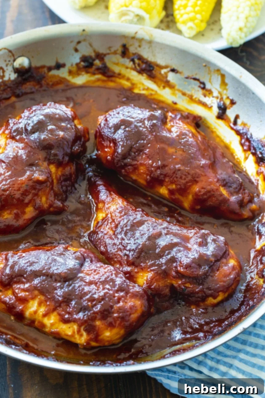 Oven-Barbecued Chicken simmering in a large skillet, coated in thick sauce.