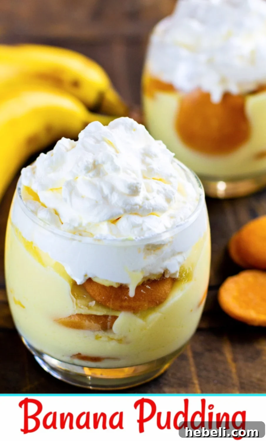 Grandma's Best Banana Pudding 4 Overhead shot of creamy Homemade Banana Pudding, easy to make from scratch, topped with whipped cream and garnished with Nilla wafers.