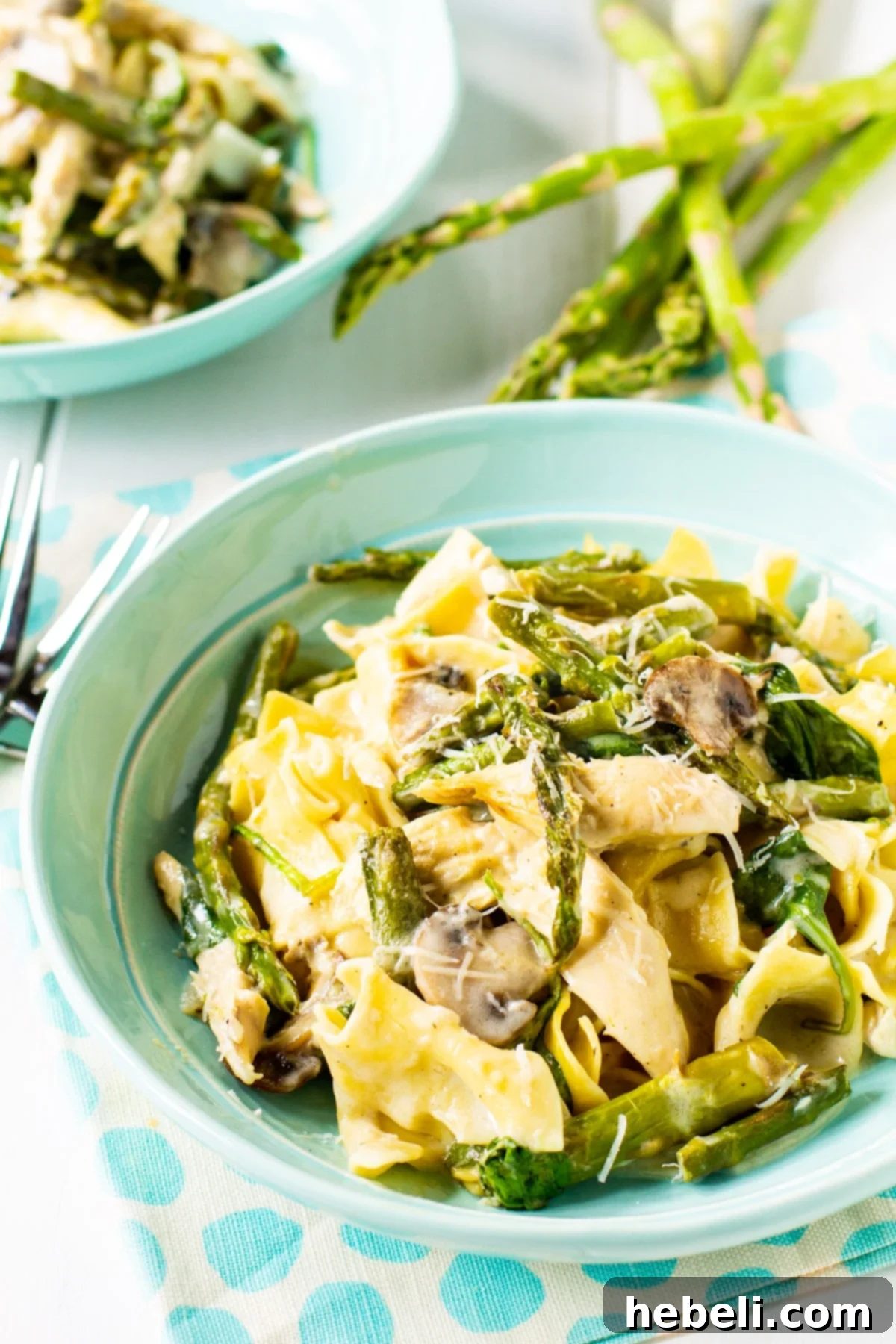 Hearty Chicken and Asparagus Bake 4 A single serving of Creamy Chicken and Asparagus Casserole in a shallow bowl, garnished with fresh herbs.