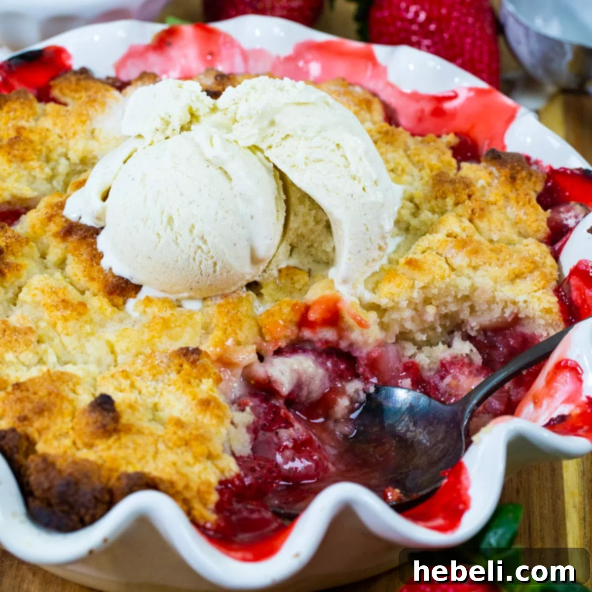 Delicious Strawberry Cobbler with a serving spoon scooping into it, showing the juicy strawberries and golden biscuit topping.