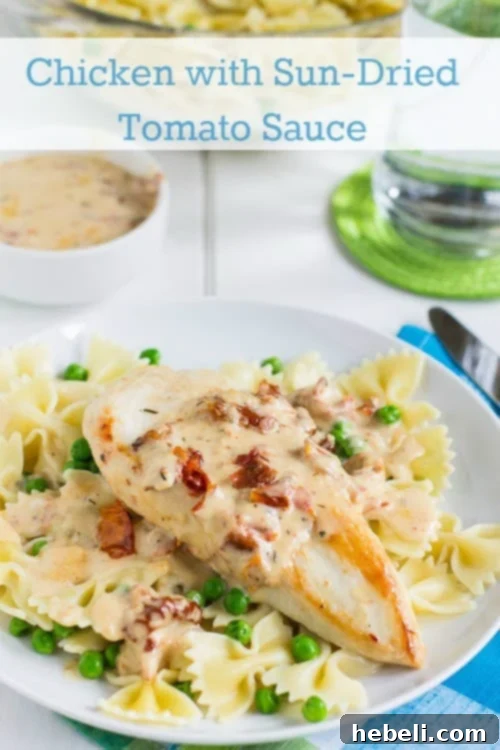 Tender chicken with rich sun-dried tomato sauce served over pasta