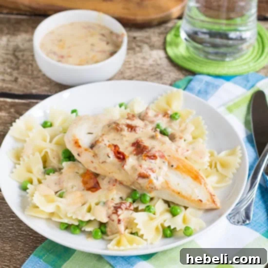 Finished plate of creamy chicken and pasta