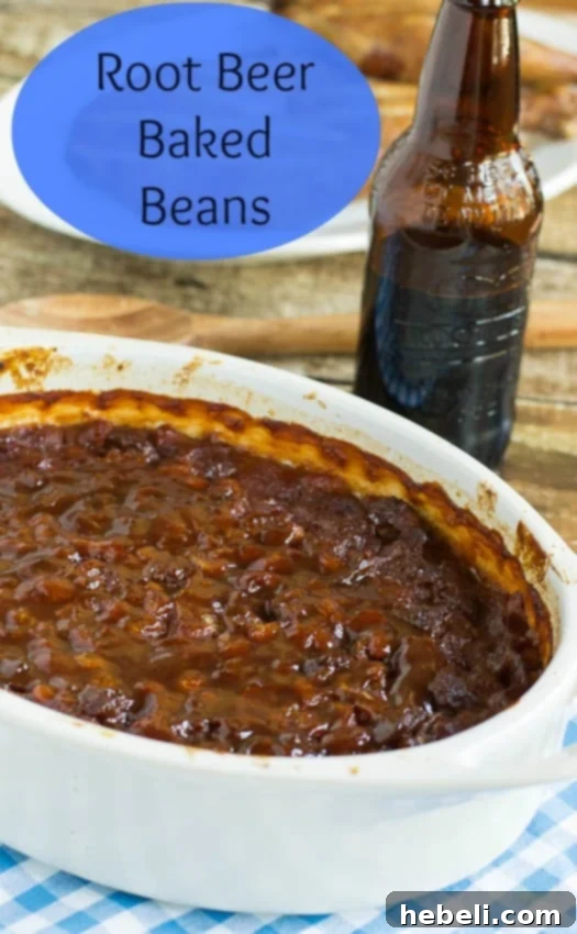 Sassafras Infused Baked Beans 2 Delicious Root Beer Baked Beans served in a bowl, garnished with fresh herbs.