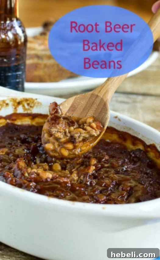 Sassafras Infused Baked Beans 4 A close-up of a serving of Root Beer Baked Beans, showing the rich texture and ingredients.
