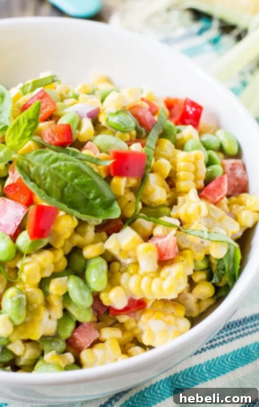 Vibrant Roasted Corn and Edamame Salad 3 Close-up of a serving of Roasted Corn and Edamame Salad, highlighting corn kernels and edamame.