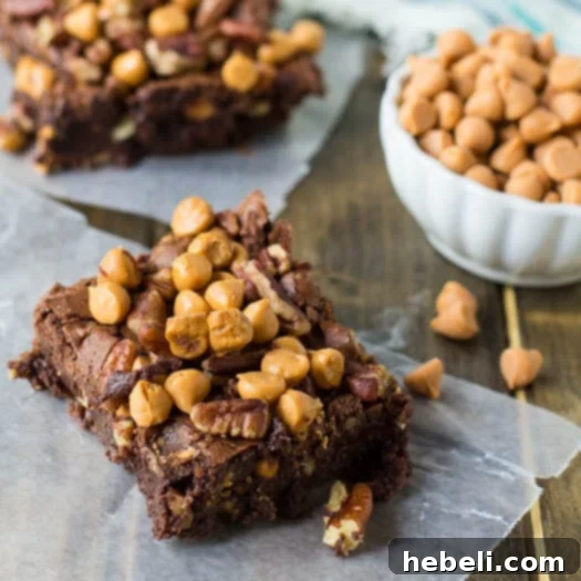 Rich and fudgy butterscotch pecan brownies on a cooling rack