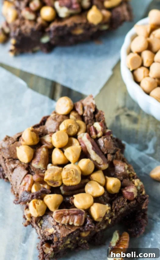 Decadent Butterscotch Pecan Brownies 4 Delicious square-cut butterscotch pecan brownies arranged on a plate