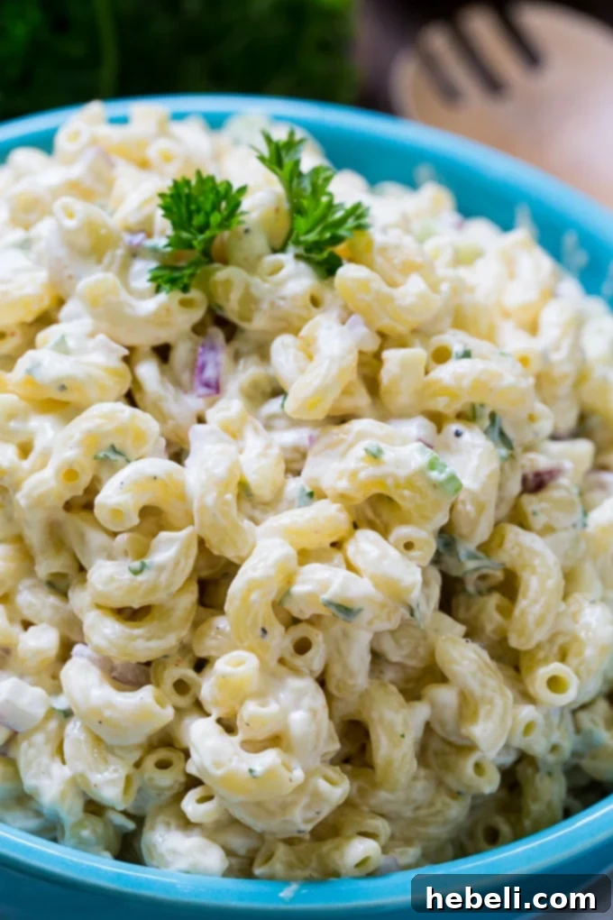 No-Fuss Macaroni Salad 5 A classic recipe for Macaroni Salad, showcasing its inviting texture