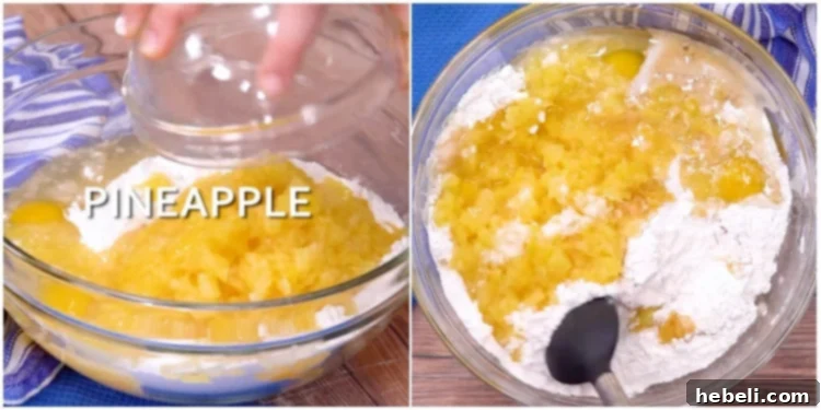 Cake batter being mixed in a bowl.