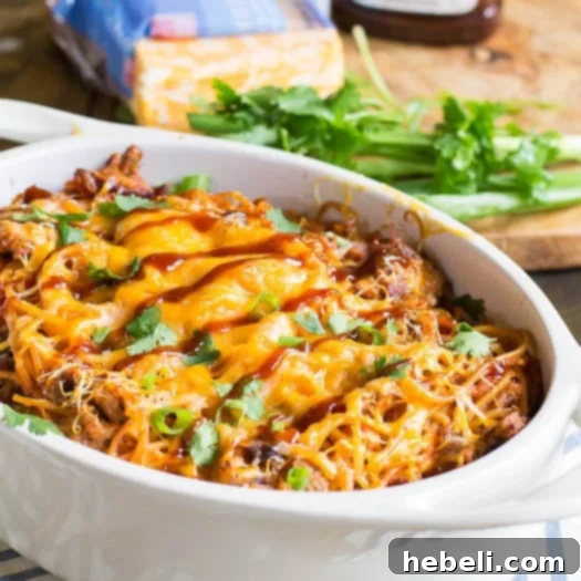 Smoky BBQ Spaghetti Bake 2 Delicious BBQ Spaghetti Casserole with smoky pulled pork and melted cheese