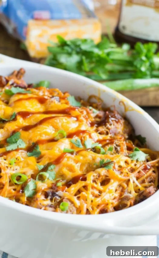 Smoky BBQ Spaghetti Bake 3 Detailed shot of barbecue spaghetti ingredients including tender pulled pork