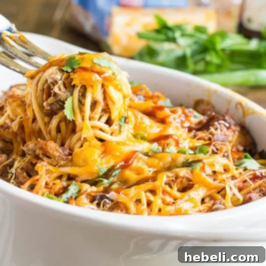 Smoky BBQ Spaghetti Bake 5 Freshly baked BBQ Spaghetti Casserole topped with green onions and cilantro