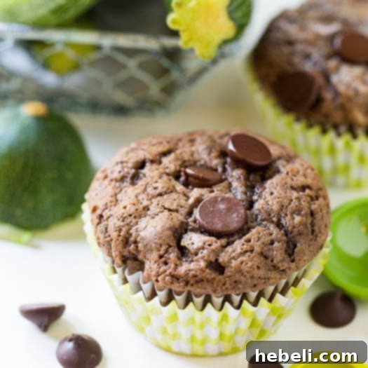 Close-up of freshly baked dark chocolate zucchini muffins