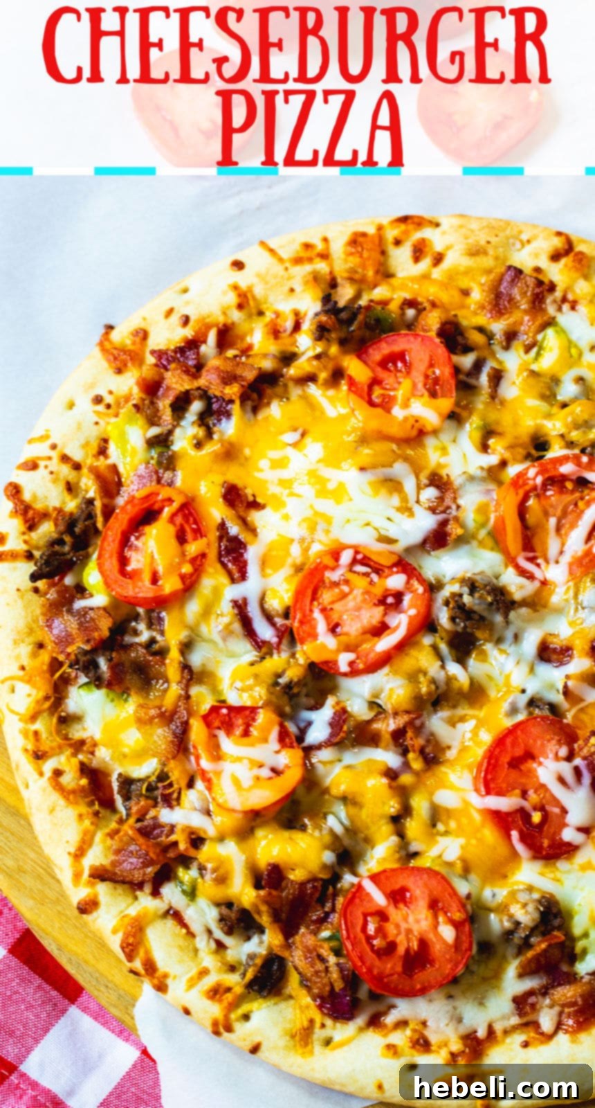 A large, beautifully cooked Cheeseburger Pizza, showcasing its appealing presentation on a wooden background.
