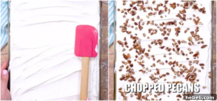 Tropical Hummingbird Poke Cake 8 Spreading cream cheese frosting and sprinkling pecans on the cake.