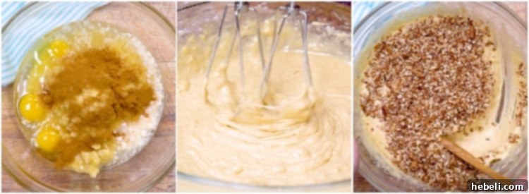 Tropical Hummingbird Poke Cake 2 Mixing the cake batter with bananas, pineapple, and pecans.