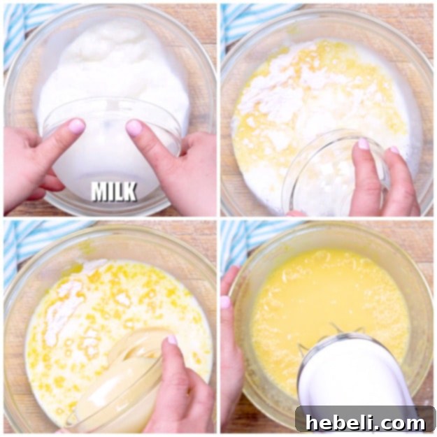 Tropical Hummingbird Poke Cake 5 Mixing instant vanilla pudding, milk, and sweetened condensed milk.