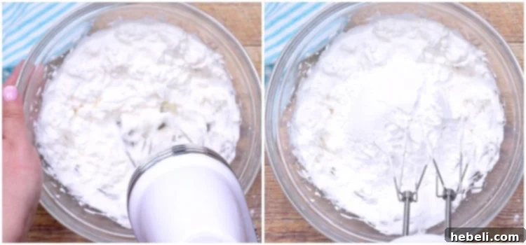 Tropical Hummingbird Poke Cake 7 Mixing cream cheese, whipped topping, and powdered sugar for frosting.