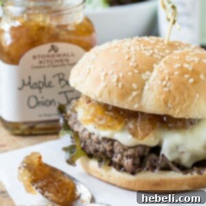 Maple Bacon Onion Jam Burgers 2 Burgers with Maple Bacon Onion Jam ready to serve