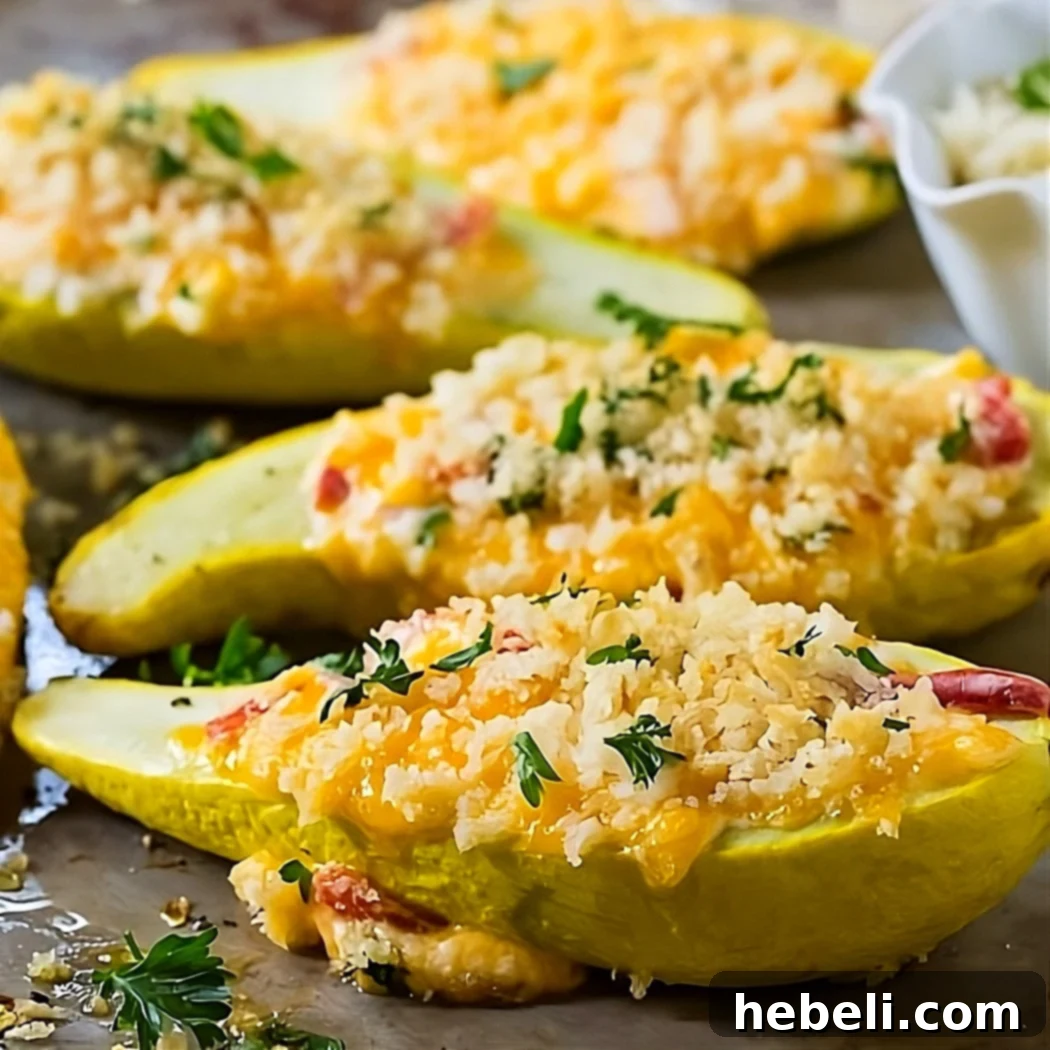 Golden yellow summer squash halves generously stuffed with creamy pimento cheese and a crispy breadcrumb topping, resting on a baking sheet, ready to be served.
