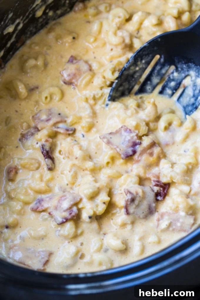 Mac and Cheese with bacon, using elbow macaroni and no jalapenos, made in a crock pot