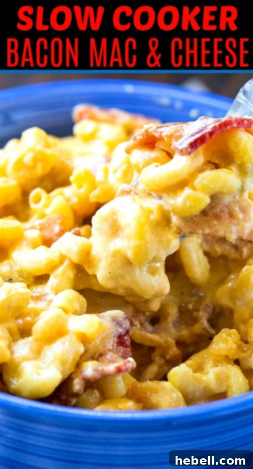 Ultimate Slow Cooker Bacon Mac and Cheese 5 A bowl of Slow Cooker Mac and Cheese with Bacon, garnished and ready to eat.