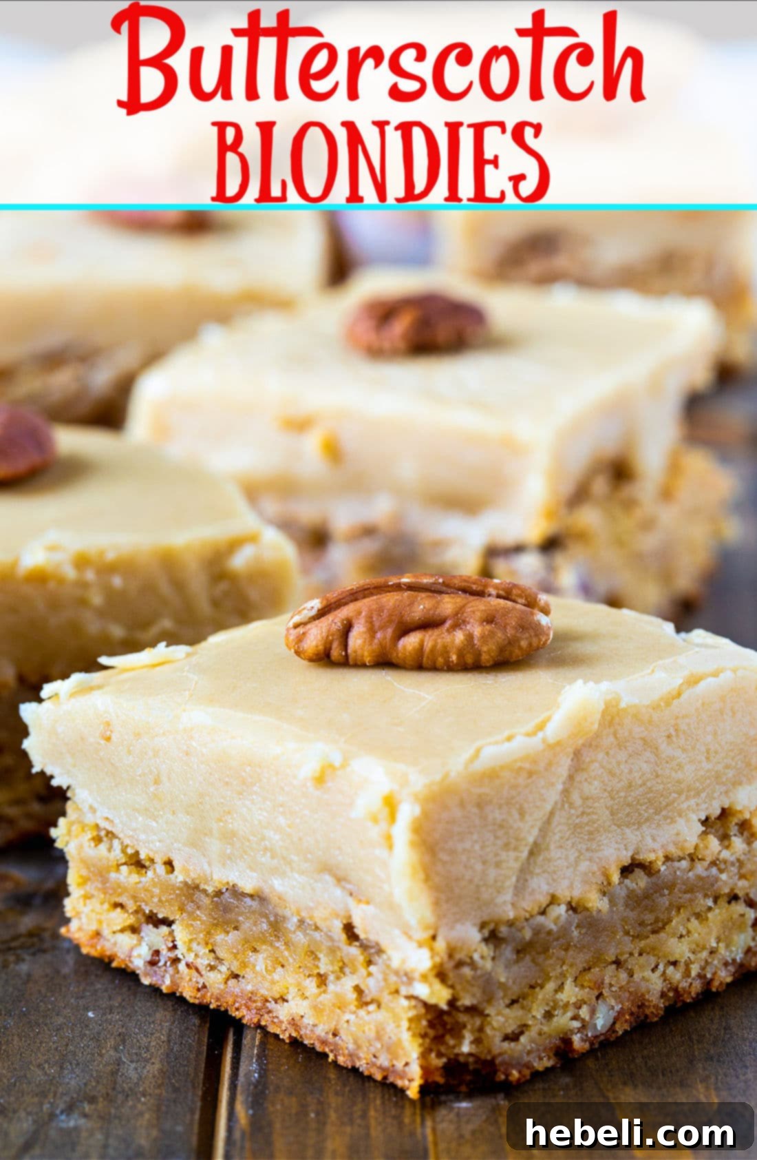 Close-up of Butterscotch Blondies with thick layer of brown sugar icing, a truly tempting dessert.