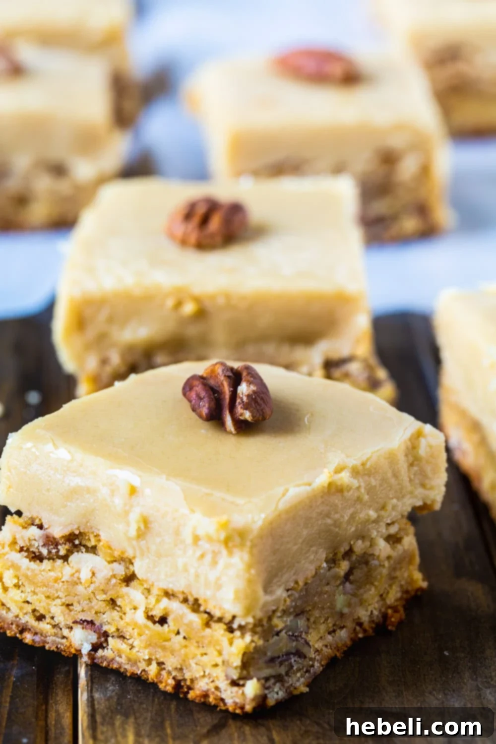 Close-up of Butterscotch Blondies squares, perfectly topped with whole pecans and generous frosting.