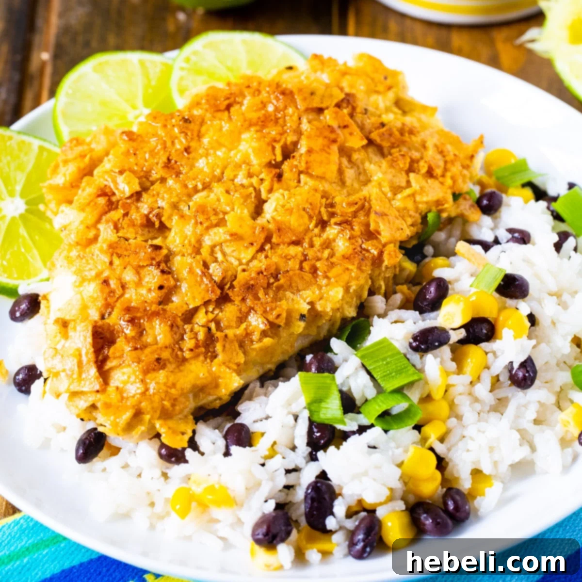 Crispy Tortilla Crusted Chicken served with aromatic Coconut Rice, black beans, and corn on a white plate, ready to be enjoyed.