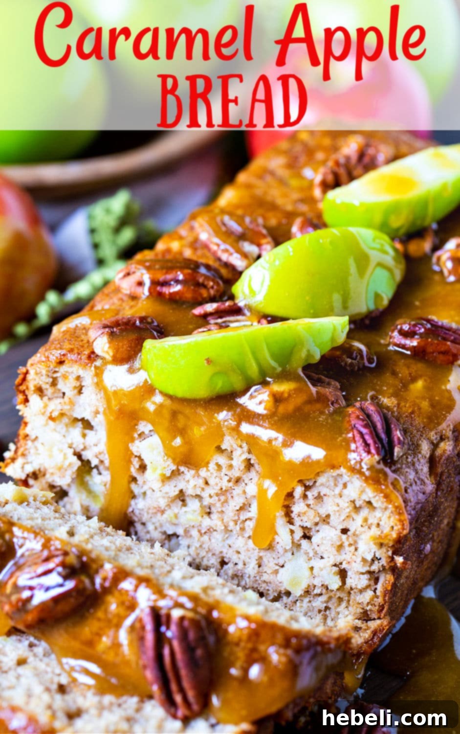 A slice of Caramel Apple Bread shown on a small plate, emphasizing the moist texture and glaze, with a whole loaf in the background.