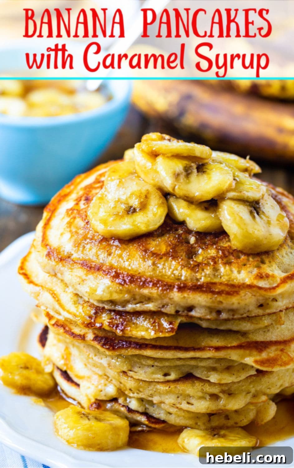 Stacked banana pancakes with rich caramel syrup and banana slices on top, served for breakfast.