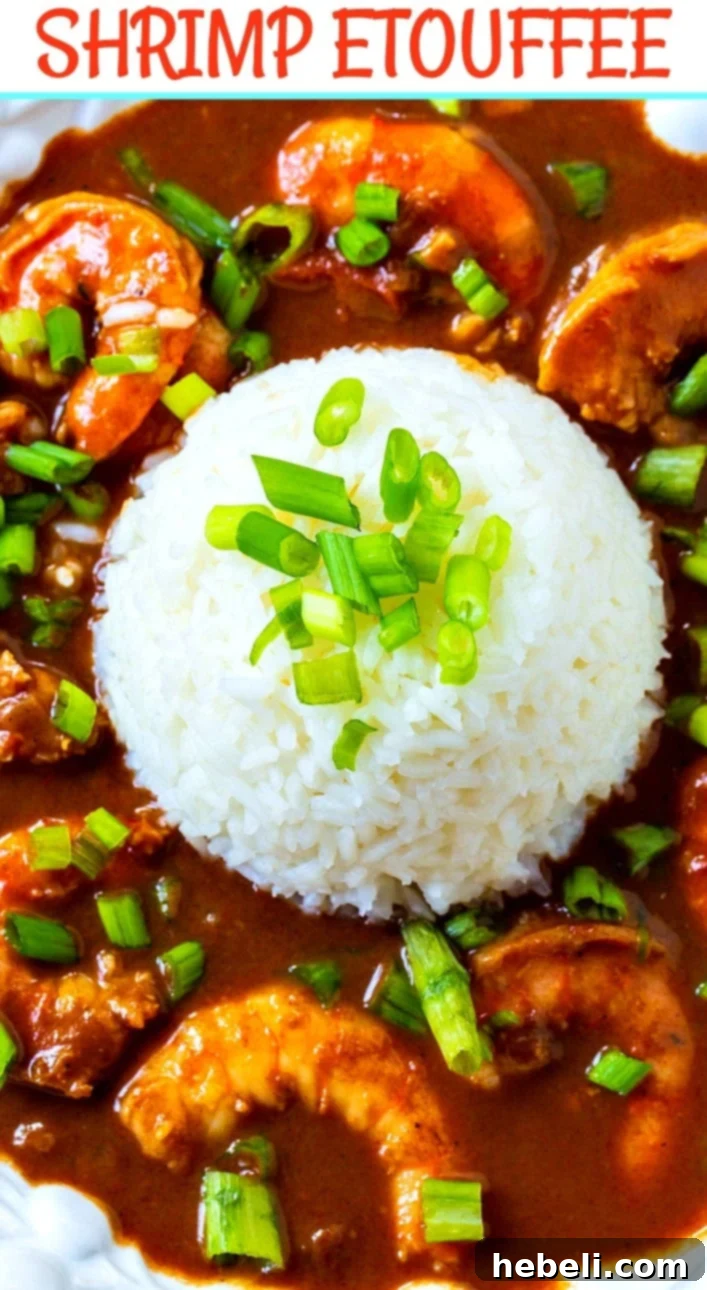 A beautifully plated Shrimp Etouffee dish, showcasing the vibrant colors and rich texture of the stew.
