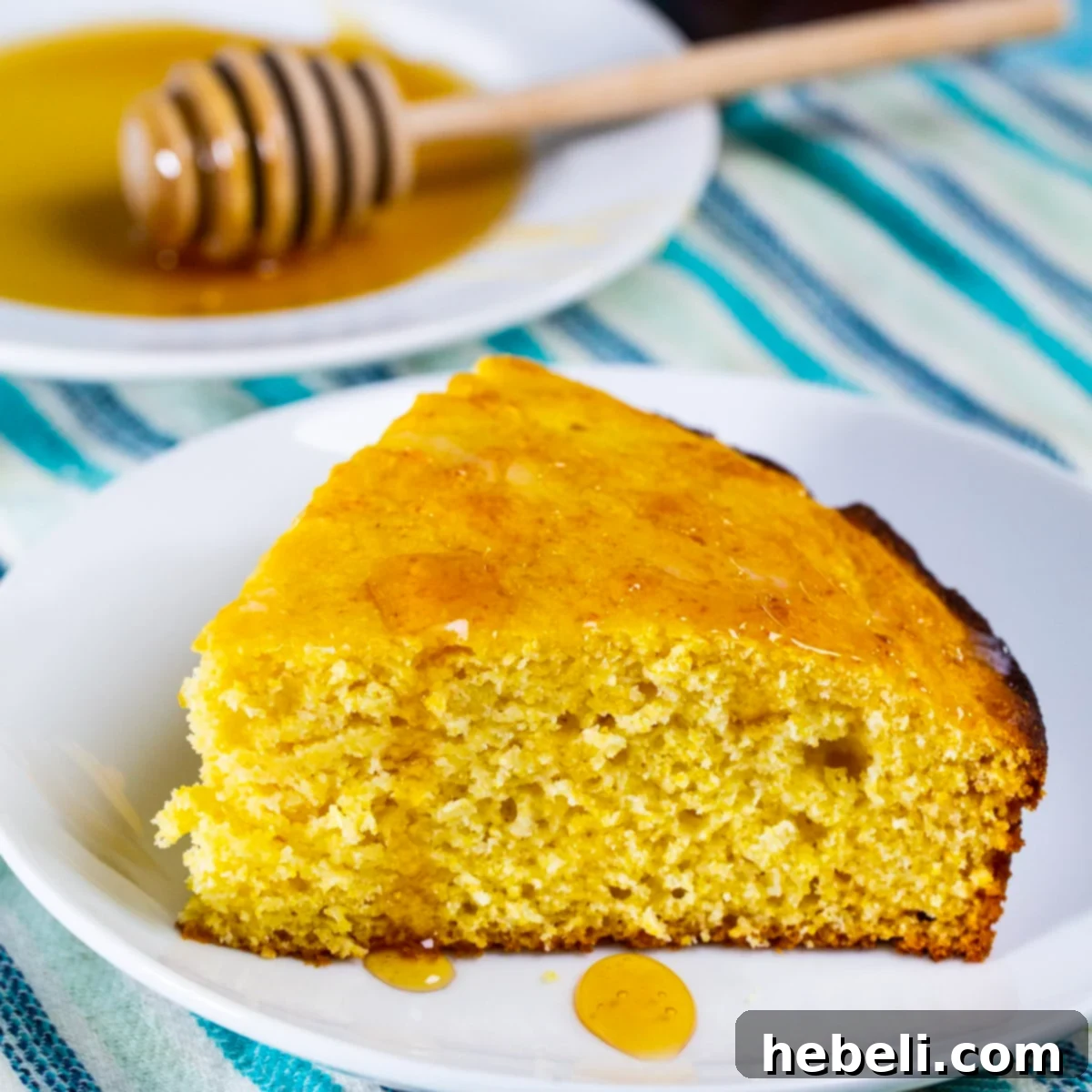 Slice of Honey Cornbread on a plate.
