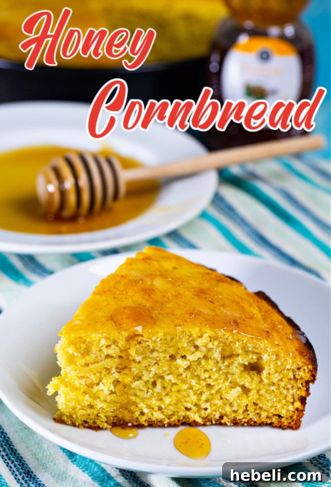 Slice of cornbread on a plate and plate with honey on it.