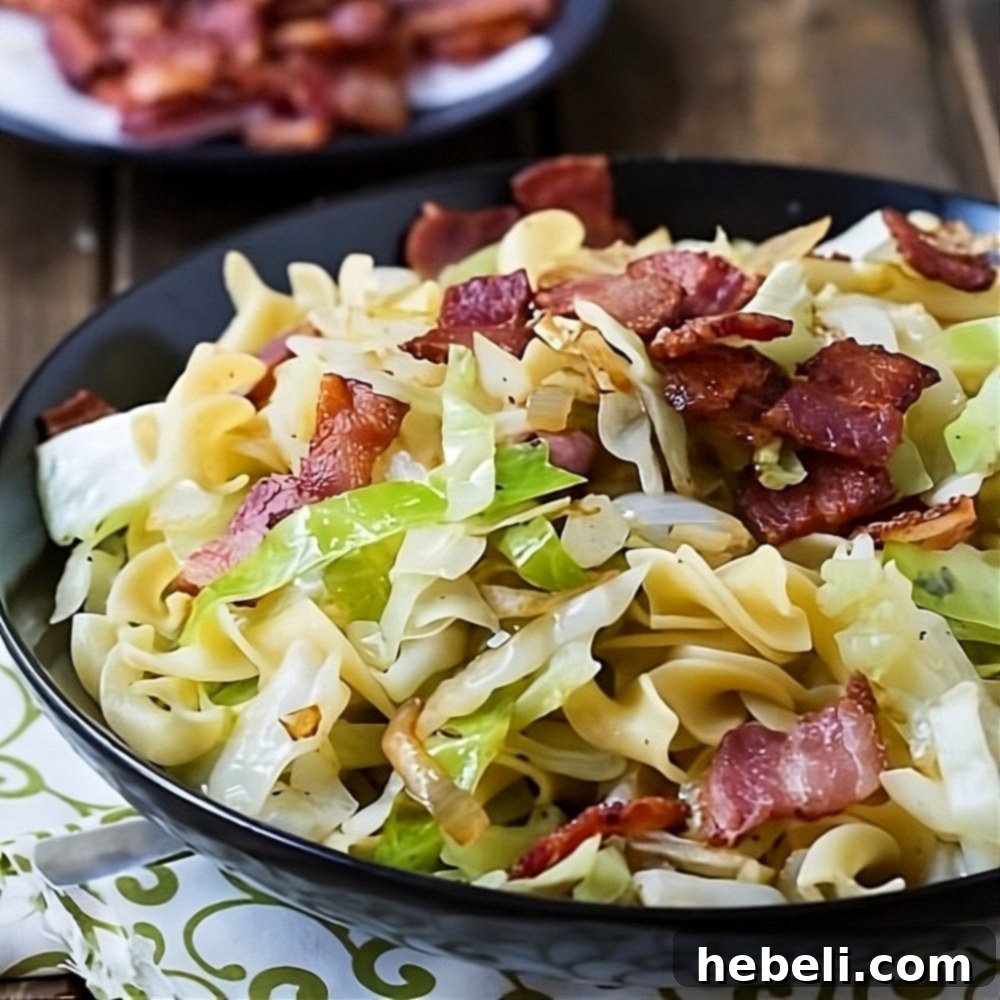 Fried Cabbage and Noodles 2 A large serving bowl filled with delicious Cabbage and Noodles, garnished with crispy bacon bits.